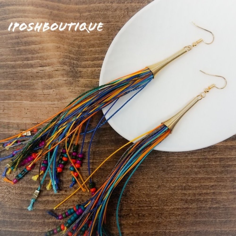 Multi Color Cotton Strand/ Bead Drop Earrings